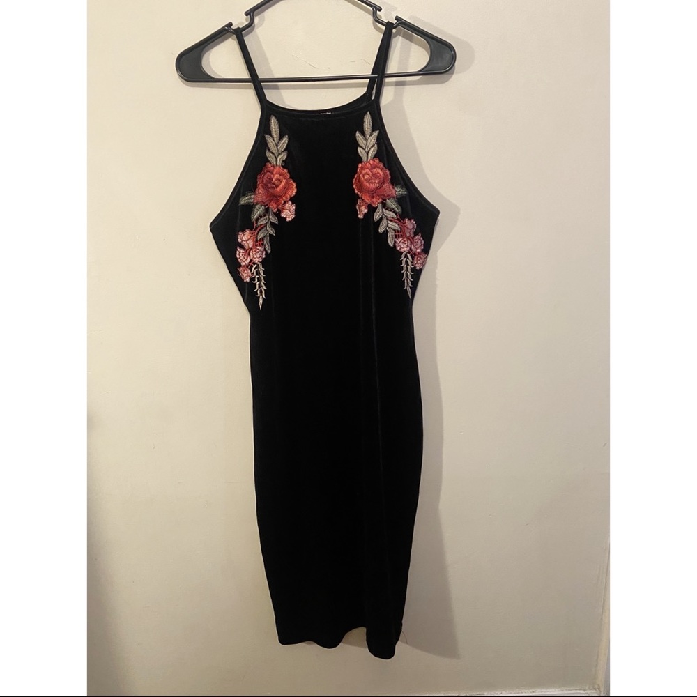 Black Velvet Dress with Flowers on the Chest